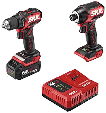 SKIL PWR CORE 20 Brushless 20V Compact Drill Driver and Impact Driver Kit, Includes 2.0Ah Battery and PWR Jump Charger - CB8437B-10