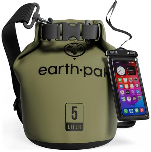 Earth Pak Dry Bag – Wasserdichter Packsack mit Schultergurt und wasserfester Handyhülle – Ideale Rolltop Tasche beim Kajak Fahren, Wandern, Camping, Angeln, Bootfahren und Rafting (Waldgrün, 5L)