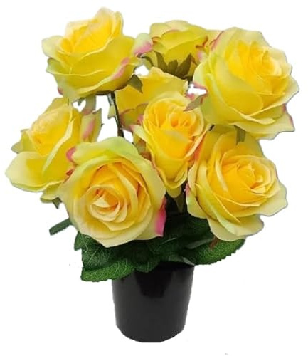 Grave Crem Pot Artificial Arrangement Yellow Roses for Graveside Cemetery Crematorium Memorial Vase Insert Gift for Mother's Day Birthday