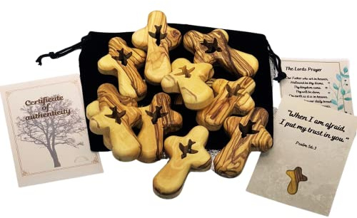 3 ARCHES USA Ten (10) Olive Wood Comfort/Pocket Crosses With Holy Spirit Dove Cutout- Small (2.5” Height) Palm Holding Crosses From Holy Land