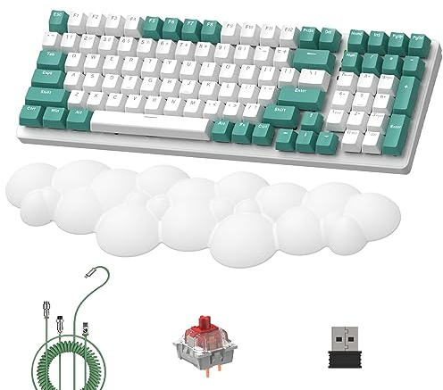 LexonElec K6 kabellose mechanische Tastatur mit weiße Cloud Handgelenkauflage, 100 Tasten, 96% Layout, 4000mAh, Wired/2,4 GHz/BT 5.0, RGB Backlit, Spiralkabel für Gaming - Aqua Green Red Switch