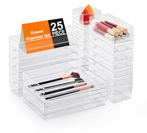 SMARTAKE 25-Piece Drawer Organizer with Non-Slip Silicone Pads, 4-Size Desk Drawer Organizer Trays Storage Tray for Makeup, Jewelries, Utensils in Bedroom Dresser, Office and Kitchen (Clear)