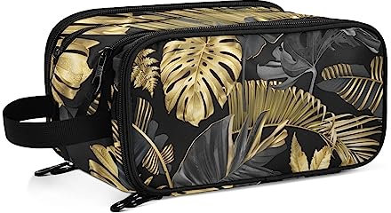 Kulturbeutel Goldene Schwarze Tropische Palmblätter Große Kosmetiktasche Kulturtasche Waschtasche Make Up Tasche Waschbeutel Schminktasche für Damen Mädchen