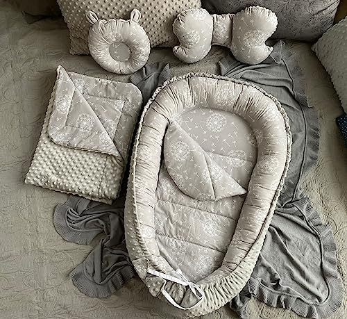 LOOLAY Babynest Set 85 cm x 60 cm - Baby nestchen Tragbar Nest aus Minky - Babynestchen Neugeborene Handmade EU - Baby Nest 5 Teilig - Minky Sterne Grau