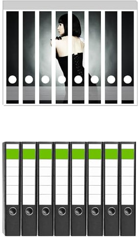 Wallario 8 Stück schmale Ordner inkl. Klebeetiketten mit Motiv Schöne Frau im schwarzen Kleid zeigt ihren Rücken - Set mit Rückenschildern/Ordnerrücken Stickern