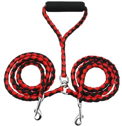 Tibapla Correa Doble para Perros, Correa Perro Adiestramiento con Cómodas Asas Acolchadas, Correa Doble sin Enredos para Dos Perros Grandes Medianos Pequeños, para Caminar, 10mm*140cm, 230g (Red)