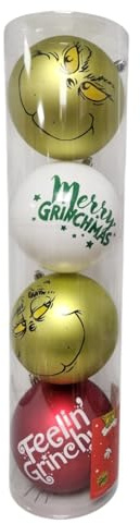 Divas World: Grinch Christbaumschmuck - 4 Stück Riesenkugeln aus Premium Kunststoff, Hängend, Oversized, Green, Cartoon, Weihnachten