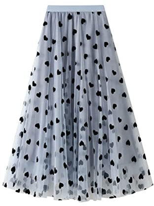 seiveini Tüllrock Damen Langer Rock Elegant Tüll Plisseerock A Linie Maxirock Swing Röcke Hohe Taille Großer Saum Rock mit Blumenmuster Vintage Faltenrock Prinzessin Tüll Unterrock B Blau M