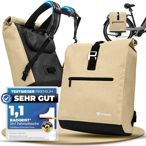 RADGEIST Fahrradtasche für Gepäckträger I Gepäckträgertasche & Rucksack I Fahrradtasche für Damen & Herren I Umhängetasche & Gepäcktasche für Fahrrad 20L Sand