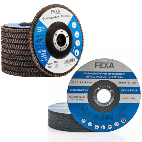 Fexa Trennscheiben Fächerscheiben Set 125 - Fächerscheibe Körnung 40/60/80 Set 5 Stück, Braun, Korund 125 mm - 10x Trennscheibe Fächerscheiben für Winkelschleifer - Inox 125 mm