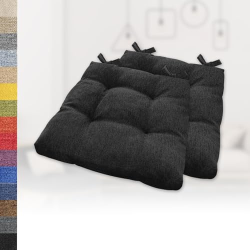 Lsjoaw 2er Set Sitzkissen 30x30x6cm Gemütliche Stuhlkissen mit Bindebänder Polster Auflage Sitzpolster Stuhlauflage Sitzpolster für Gartenstuhl Küche oder Esszimmer Quadrat Leinenimitat Schwarz