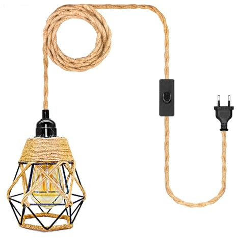 WPQIUZS Hanfseil Hängelampe Kit mit Stecker, E27 Lampenfassung mit 510CM Hanfseil Kabel und Metall Käfig Lampenschirm, Fassung Lampenkabel mit Schalter, Pendelleuchte mit Stecker, Keine Glühbirne