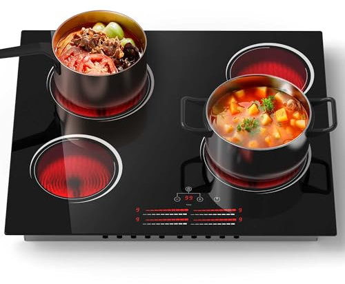 4 Zone Ceramic Hob, Nefaracy Built-in Electric Hob with Slide Control, 60cm Electric Ceramic Hob 6000W, 99Mins Timer & Safety Lock, Residual Heat Warning, 220V(No Plug)