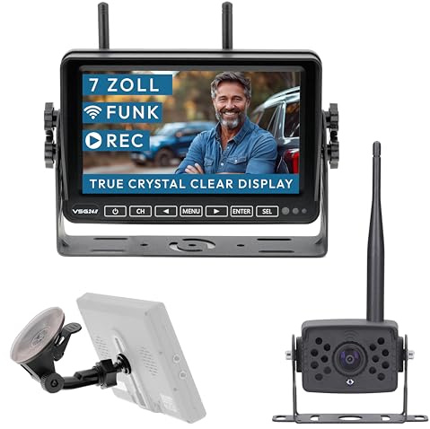 VSG24 Element Wired HD Funk Rückfahrkamera Set – 7 Zoll HD Monitor – 21 m Reichweite – IP68 Kamera mit Nachtsicht – für Wohnmobil, Pferdeanhänger und Transporter