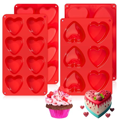 Teenyyou 4 Pcs Heart Shaped Silicone Mold for Baking Chocolate Jelly Pudding Valentine Cupcake Pans 8 Grid 6 Grid Silicone Molds for Brownie Cupcake Cookies Candy Ice Cube Soap