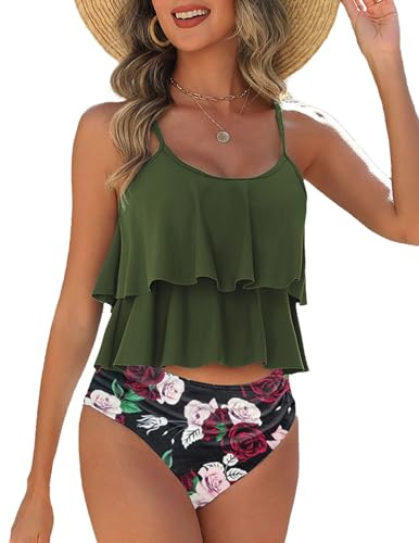 AI'MAGE Tankini Costume da Bagno da Donna in Due Pezzi con Scollo a V Costumi da Bagno da Donna Top Tankini con Pantaloncini da Bagno S XXL Verde Militare L