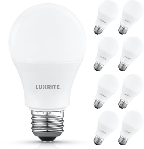 LUXRITE A19 LED Light Bulb 60 Watt Equivalent, Non Dimmable, CRI80, 3500K Natural White, 800LM, Standard LED Light Bulbs 8W, E26 Base, Enclosed Fixture Rated, Damp Rated, ETL Listed (8 Pack)