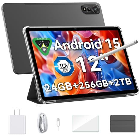 Blackview 12 inch Tablet Android 15 Gaming Tablet with SIM Card Slot, Pen, 24GB + 256GB (Up to 2TB), 2.4K 120Hz FHD+ IPS Display, 9000mAh/33W, 8MP + 16MP AI Camera, 5G WiFi, GPS- MEGA 2