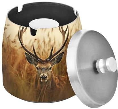 Msyxl Ashtray with Lid for Cigarettes, Antler Deer Stainless Steel Ashtray Smokeless Odorless Windproof Ash Tray for Home, Office, Patio, Outdoor Balcony