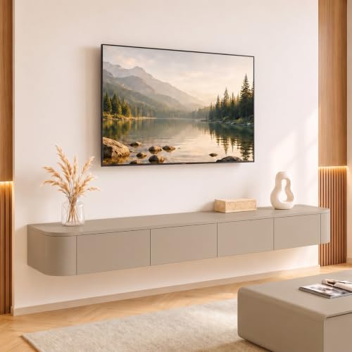 Ribanedy Modernes Schwebendes TV-Regal | Wandmontierte Unterhaltungsmedien-Konsole | Großes Aufbewahrungs-TV-Bank für Wohnzimmer & Büro (Khaki, 160cm)