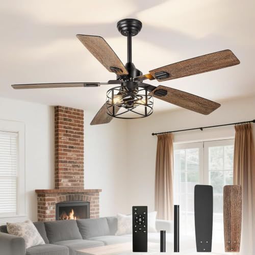 Depuley 52-Inch Ceiling Fans with Lights: Caged Ceiling Fans Dual Finish 5 Blades - Rustic Ceiling Fan with Remote Control for Farmhouse Living Room Outdoor Porch (E27 Bulb Included)