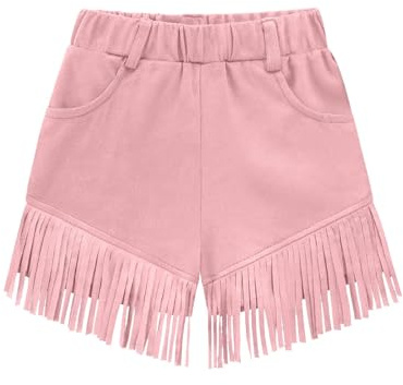 duxyoz Short à franges en daim pour filles - Tenue de cowgirl avec poches - Jambe large - Short vintage streetwear pour enfants - Taille élastique - Pantalon court rétro à enfiler - 5-14 ans, Rose (01