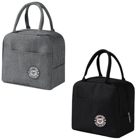 MUNTE 2 Stück Kühltasche Klein, Tragbar Lunchtasche, Lunch Bag mit Wärmeisolierender Aluminiumfolie, Thermotasche für Arbeit, Schule Und Picknicks (Grau Und Schwarz)