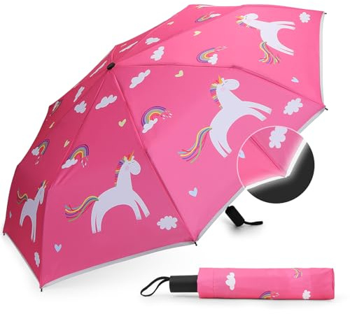 MorLuks Regenschirm Kinder reflektierend, Taschenschirm mit Reflektorband, Regenschirm kinder für schulranzen, für Mädchen & Jungen