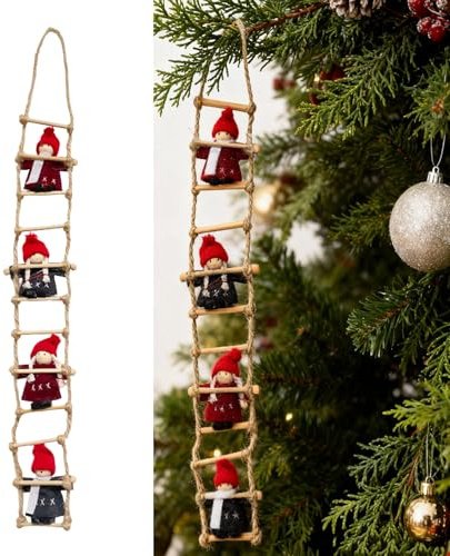 Jadeunm Wichtel Zubehör,Weihnachten Wichtel Zubehör Strickleiter Mit 4 kleinen Puppen,Miniatur Weihnachten Wichtelzubehör für Puppenhaus Möbel, Wichteltür Zubehör Weihnachten