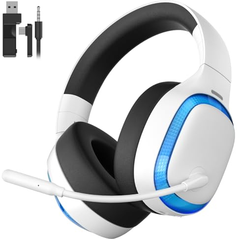 KAPEYDESI Casque de jeu sans fil 2,4 GHz pour PS5, PS4, PC, Mac, Bluetooth 5.4 avec micro antibruit, batterie 70H, son surround, plat et pliable – Blanc