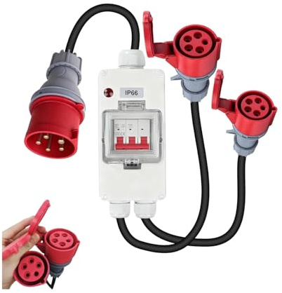 CEE Adapter 32A auf 16A 1 auf 2, CEE Stecker Starkstromkabel Verlängerungskabel mit RCD Leitungsschutzschalter,5 Pin Starkstrom Adapter 32A auf 16A mit Schutzart IP66, für Werkstatt, Baustelle