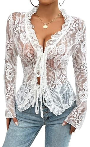 SYHXBWZ Lace Sheer Tops for Women Sexy See Through Long Sleeve Mesh Tops | Tie Front Ruffle V Neck Y2k Going Out Shirt Blouses