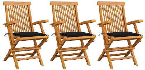 IBUQDDV 3 Stück Gartenstühle aus Massivholz Teak mit Schwarzen Kissen, Klappstühle für Terrasse und Garten, Wetterbeständige Holzstühle mit Polsterung, Leicht und Flexibel, Einfache