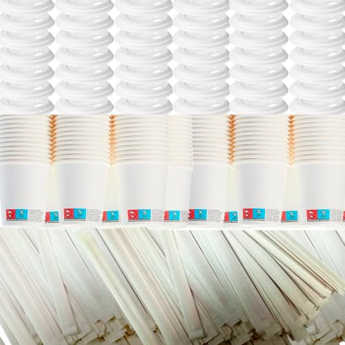 Adri Vasos de café desechables con o sin tapadera y paletinas de madera agitadores envueltas individual, bebidas frias o calientes, blancos o decorados. (200, Blanco con tapa, pequeño 120 ml)