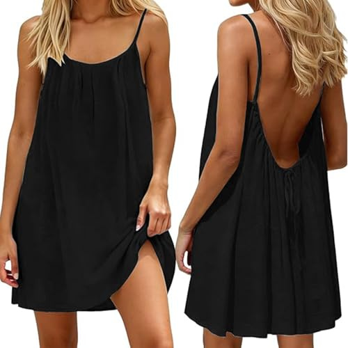makabaky Robe d'été Femme Dos Nu à Bretelles – Mini Courte Fluide sans Manches – Tenue Décontractée de Vacances pour Plage et Maison – Nouauté 2026