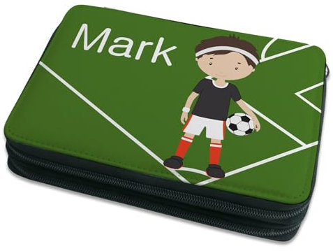 CreaDesign Kinder Federmäppchen mit (Wunsch) Namen, einzigartige Federtasche durch Personalisierung, Schulmäppchen - Motiv Fußballspieler