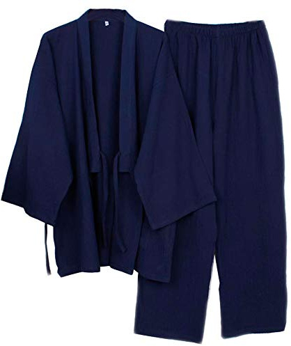 Bata de meditación Japonesa para Hombre Bata de algodón de Gasa Doble Pijama de Kimono Camisón [Azul Marino, Talla XL]