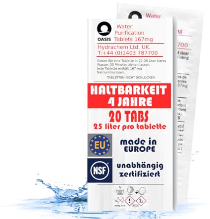 LevinQ Wasserreinigungstabletten [20Stk] *NSFgeprüft* 100%keimfreies Trinkwasser 25Ltr/Tablette +Handschuhe PE | Wasserentkeimungstabletten fur Krisenvorsorge Outdoor, Notfall, Camping, Reiseapotheke