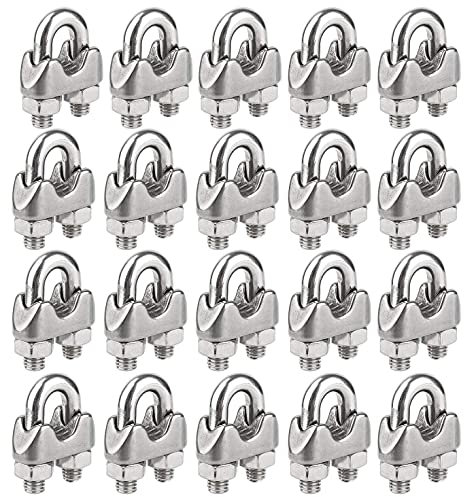 KAHEIGN 20Pcs Wire Rope Clips, Stainless Steel M5 Cable Clamp U Bolt Saddle Fastener Clip for Rigging Rope and Tension Cable (Ø 5mm)