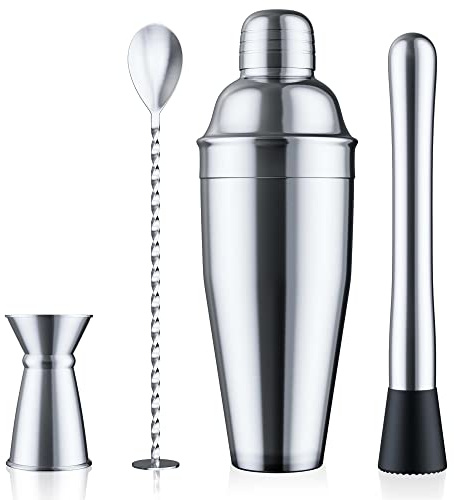 Blue River Water Barzubehör-Set, Edelstahl Cocktail-Shaker mit integriertem Deckelsieb, Stößel, Rührlöffel, Messbecher, Silber