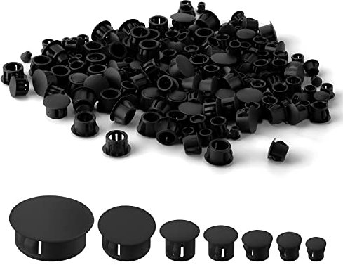 AIEX 300 Stück 7 Größen Lochstopfen, 5/6/8/10/13/19/25mm Möbel Lochabdeckung Bohrloch Abdeckung Kunststoff Abdeckkappen Abdeckkappen für Bohrlöcher Bohrloch Kappen Verriegelungslochrohrmöbel (Schwarz)