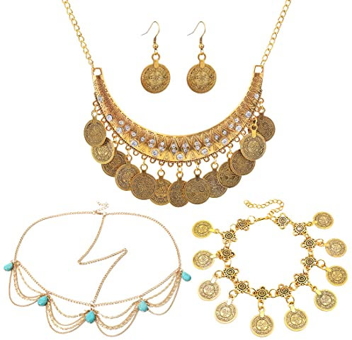 IUDWCG - 4 Pcs Bohème-Schmuck, goldene Kopfketten, Halsketten, Armbänder, Ohrringe, Modeschmuck, Quastenketten, Abschlussbälle, Hochzeits-Tiaras für Frauen und Mädchen