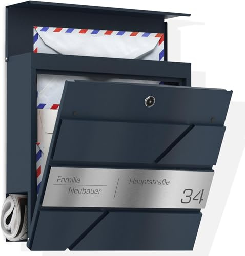 Graviers Design Briefkasten mit Zeitungsfach in Anthrazit RAL 7016 - Postkasten personalisiert Edelstahl Lasergravur Name Hausnummer Straßenname - Wandbriefkasten Schloss Zeitungsrolle Design 2