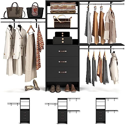 Armocity 96 Inches Closet System, 8FT Walk In Closet Organizer with 3 Shelving Towers, Heavy Duty Clothes Rack with 3 Drawers, Built-In Garment Rack, 96 L x 16 W x 75 H, Max Load 1000 LBS, Black