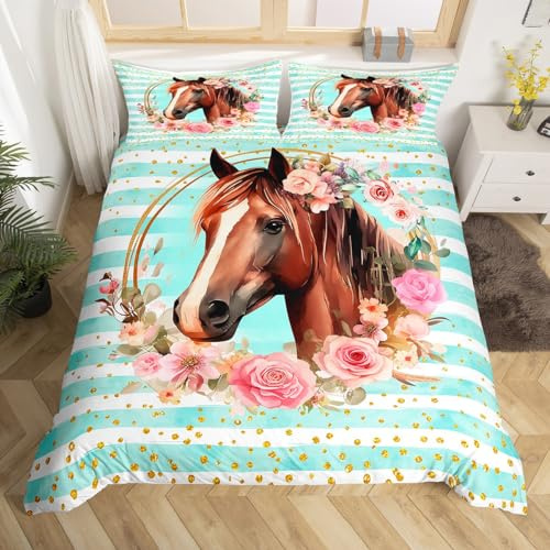 Manfei Floral Horse Duvet Cover Set Queen Size, Watercolor Flower Bedding Set 3pcs for Kids Boys Girls, Blue Stripes Comforter Cover Gold Sequins Glitter Quilt Cover with 2 Pillowcases,No Comforter