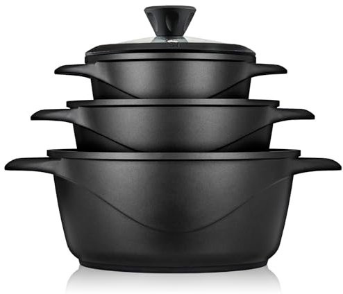 briebe Set Pentole Induzione Batteria 6 Pezzi, 3 Casseruola, Alluminio Pressofuso, Antiaderente ILAG GRANITEC senza PFOA, Coperchi in Vetro, Guanti in Silicone, Vetroceramica, Gas, Forno, MGK-18S