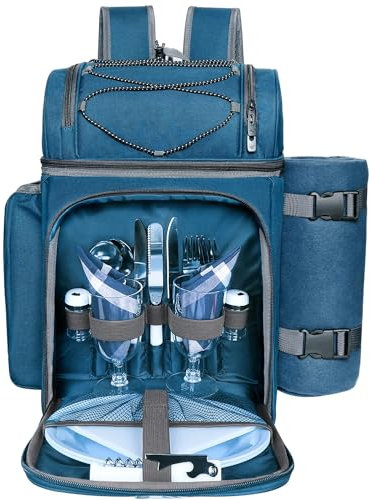 Hap Tim Picknick-Rucksack-Kühler für 2 Personen mit isolierter auslaufsicherer Kühltasche, Weinhalter, Fleece-Decke, Besteck-Set, perfekt für Strand, Tagesreisen, Wandern, Camping,(EU-36083-BL2)…