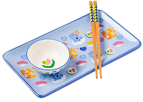 Silver Buffalo Care Bears Featuring Grumpy, Tenderheart, and Friend Bear Ramen Blue Ceramic Sushi Set with Dipping Sauce Dish and Matching Chopsticks
