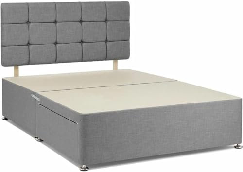 BEDS PLANET Adjustable Grey Chenille Divan Double Bed Frame with 2 Suppertive Storage Drawers | Elegant Double Bed Base with Stylish 20” Cube Headboard