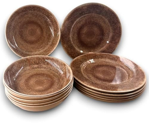 Set da Tavola in Melamina TERRACOTTA 12 pezzi Servizio Piatti Fondi e Piani per da 6 persone Infrangibile Lavabile in Lavastoviglie Plastica rigida Disponibile in 3 Colori (12, Marrone - Tortora)